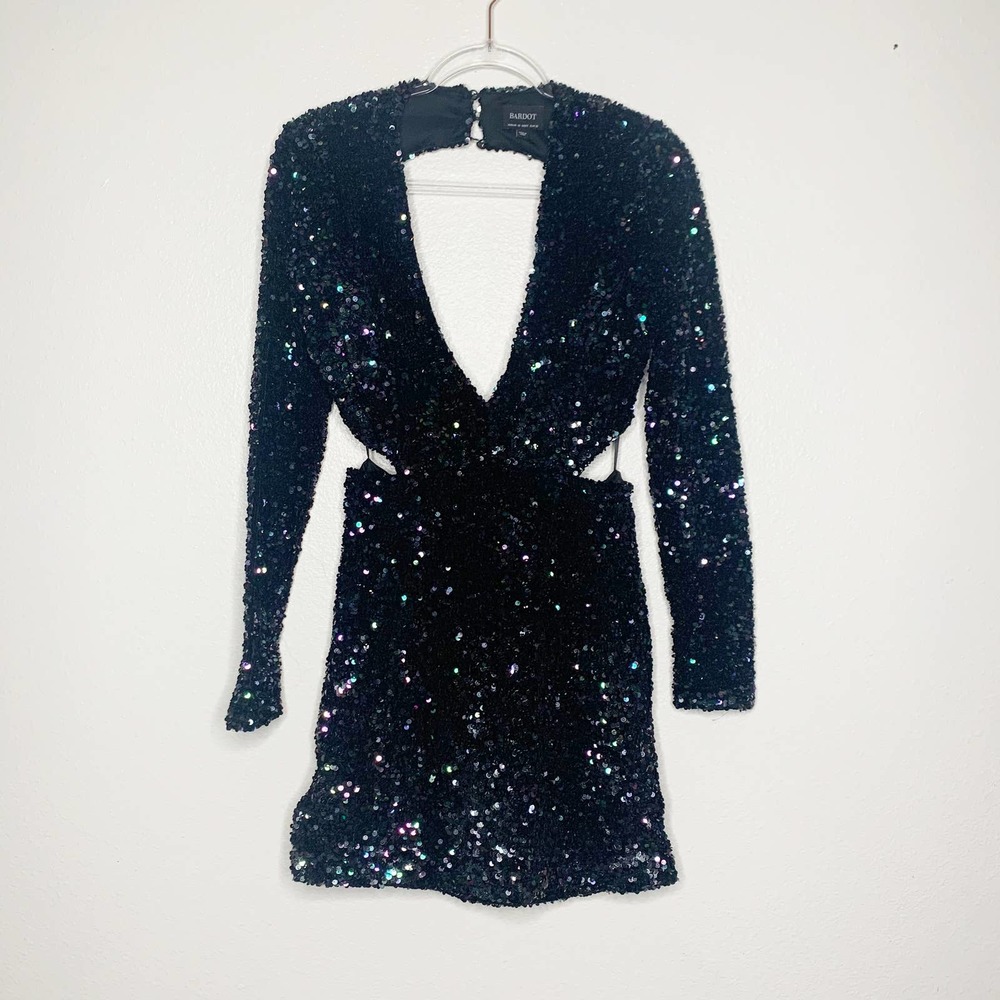 BARDOT Black Sequin Long Sleeve Cut Out Mini Dress US 6 Small